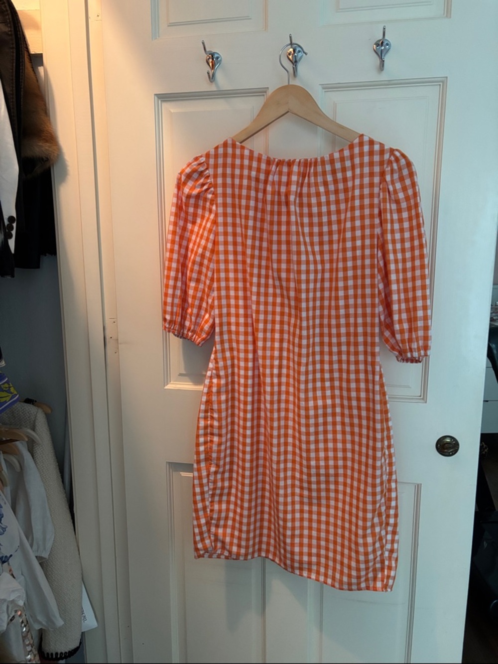 Orange Gingham Puff Sleeve Dress S
